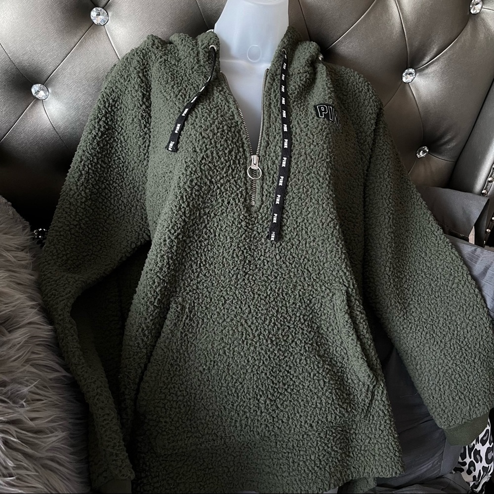 Victoria Secret PINK Limited Edition Holiday Green Half Zip Sherpa Hoodie Jacket